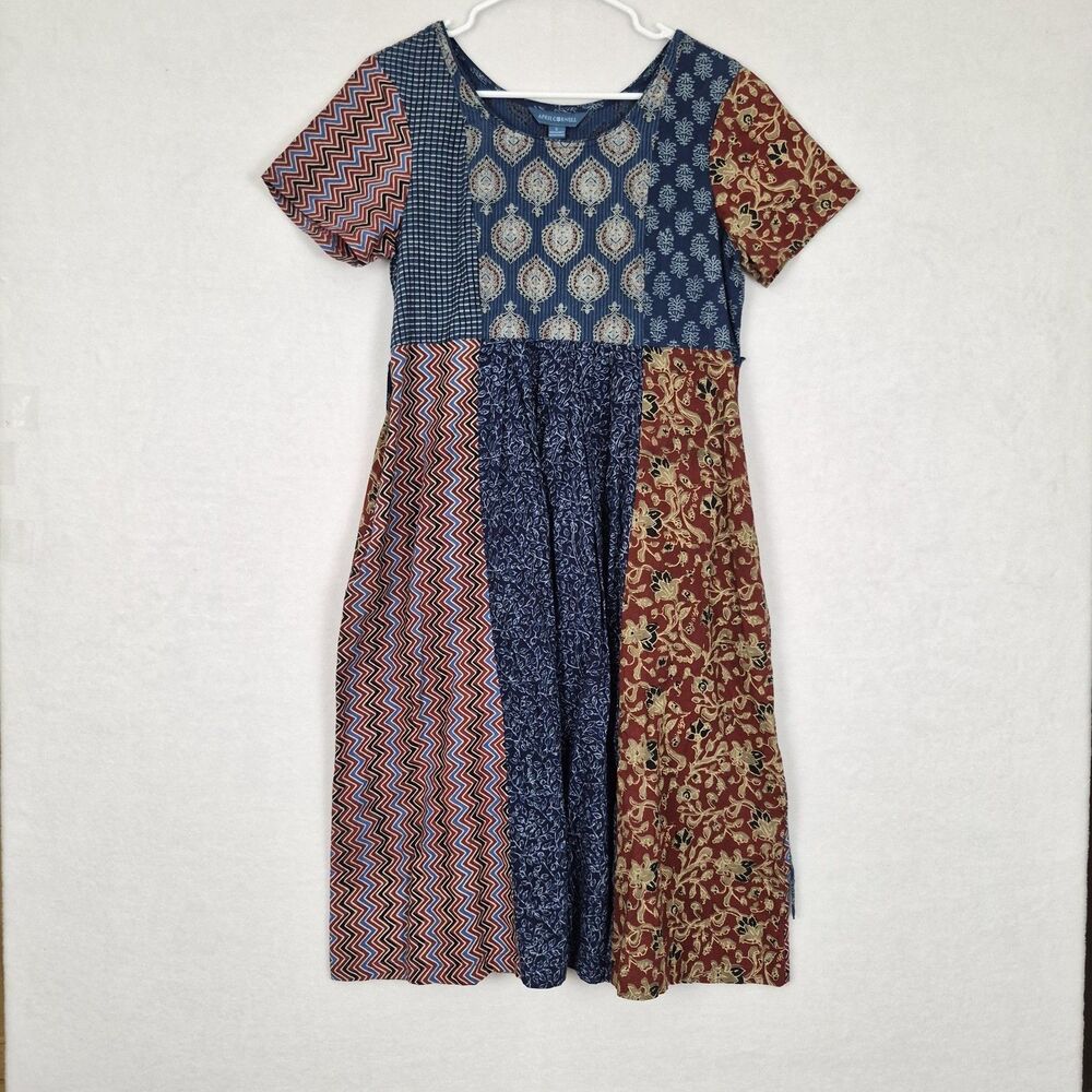 April Cornell 100% Cotton Peasant Boho Floral Small Midi Dress Hippie Natural.